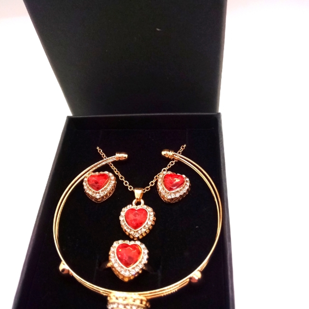 Jewelry set. Red heart necklace, earrings, bracelet and ring.NWT